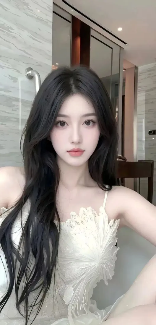 美女手机壁纸｜室内背景图片 - 白色吊带裙长发「哲风壁纸」