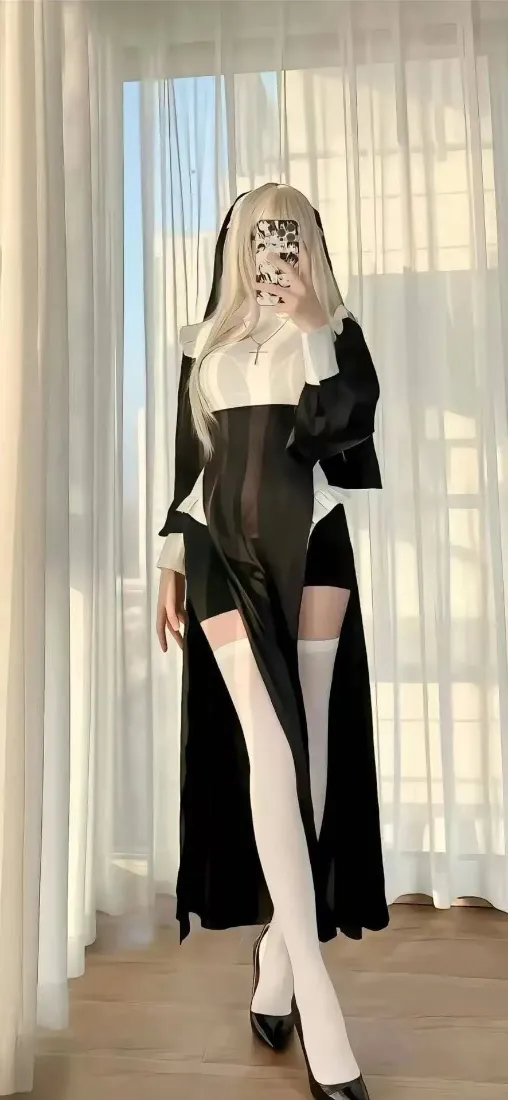 修女服美女手机壁纸｜室内背景图片 - 黑白穿搭「哲风壁纸」