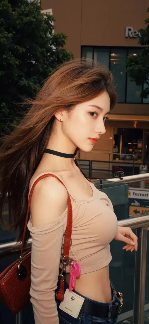 美女Ios手机壁纸｜户外街道背景 - 露脐上衣穿搭「哲风壁纸」