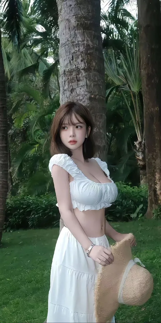 白衣美女手机壁纸｜热带植物背景图片 - 草帽「哲风壁纸」