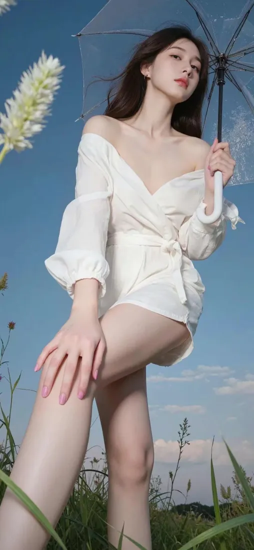 白衣美女手机壁纸｜草地蓝天背景图片 - 夏日清新「哲风壁纸」