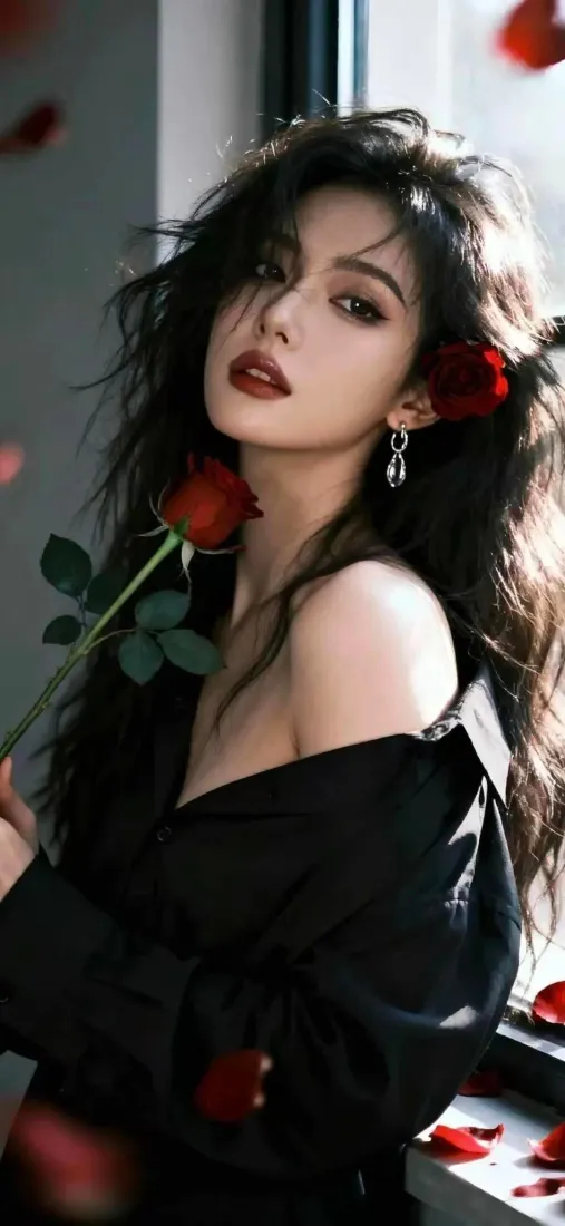 黑衣美女手机壁纸｜红玫瑰背景图片 - 魅力「哲风壁纸」