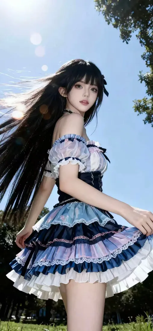 洛丽塔美女手机壁纸｜户外背景图片 - 蓝天草地「哲风壁纸」