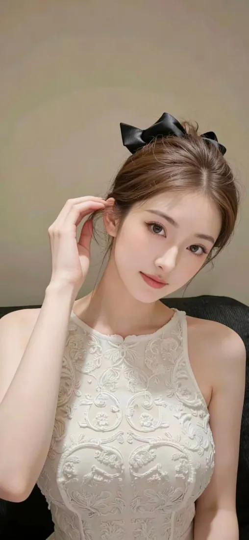 白衣美女手机壁纸｜浅背景图 - 黑色蝴蝶结礼服「哲风壁纸」