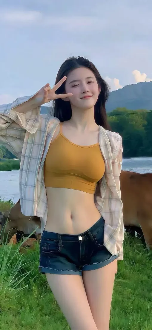 美女户外自然风景手机壁纸｜草地湖泊背景 - 黄色上衣牛仔短裤「哲风壁纸」