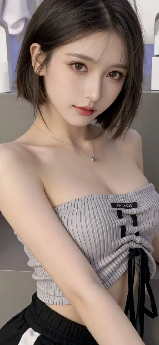 短发美女手机壁纸｜简约背景图片 - 灰色抹胸「哲风壁纸」