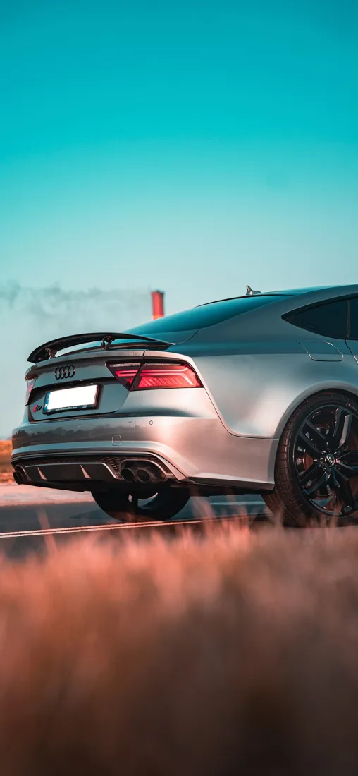 机械汽车手机壁纸｜蓝天草地背景 - 银色跑车「哲风壁纸」