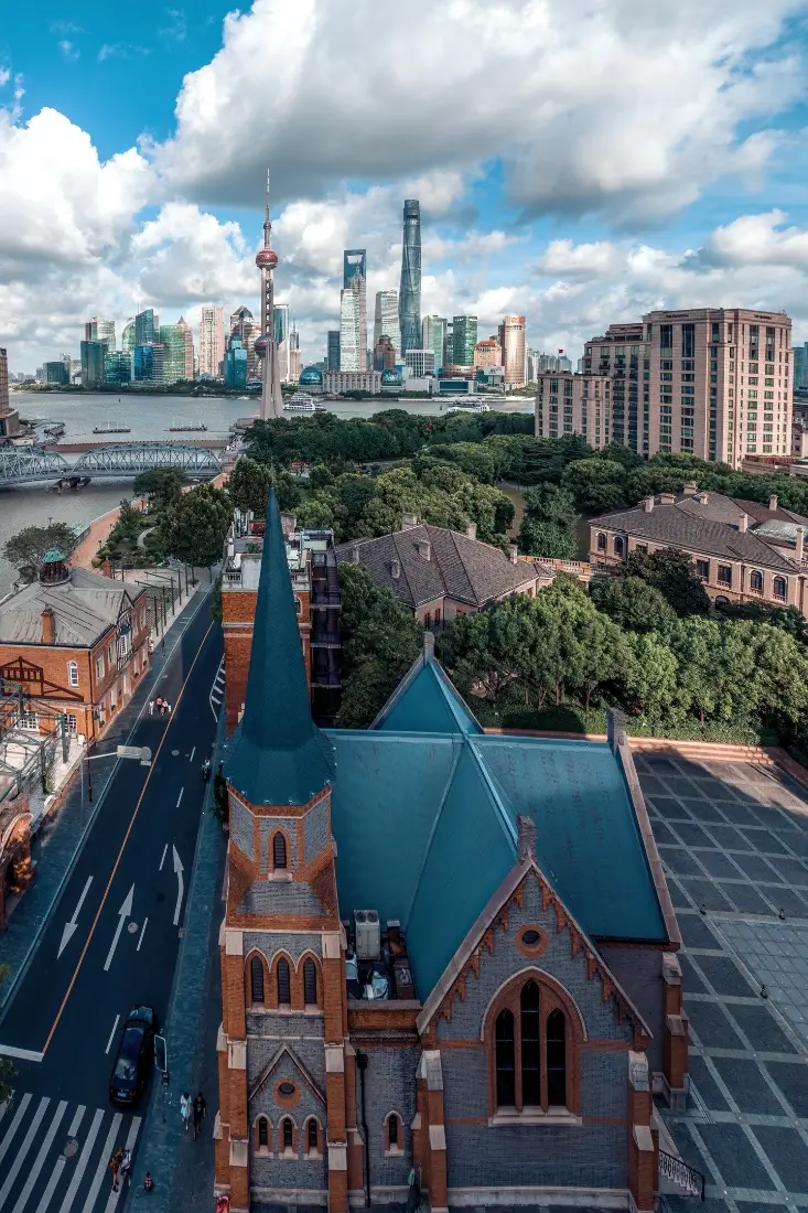 上海外滩手机壁纸｜教堂建筑背景图片 - 蓝天白云建筑群「哲风壁纸」