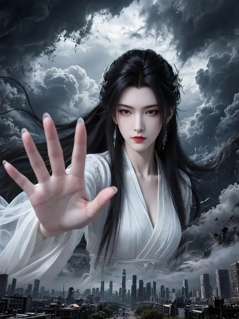 古风美女手机壁纸｜乌云都市背景 - 白衣红妆手势「哲风壁纸」