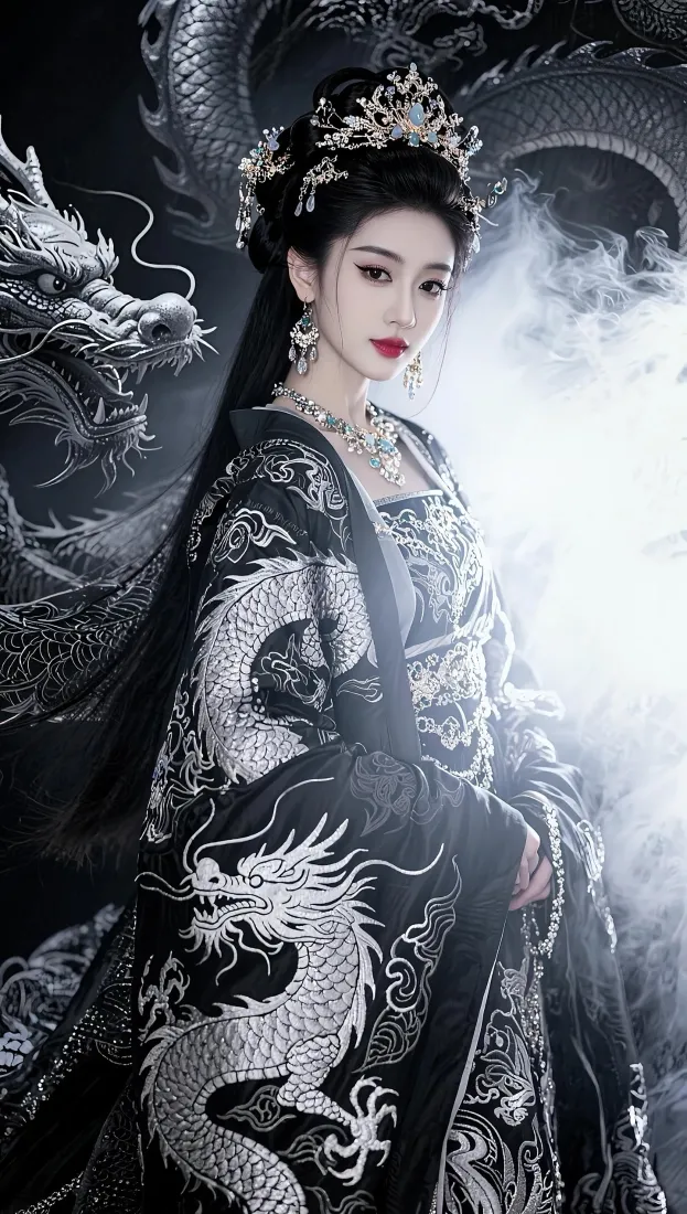 古风美女手机壁纸｜黑色背景图片 - 龙纹古装「哲风壁纸」