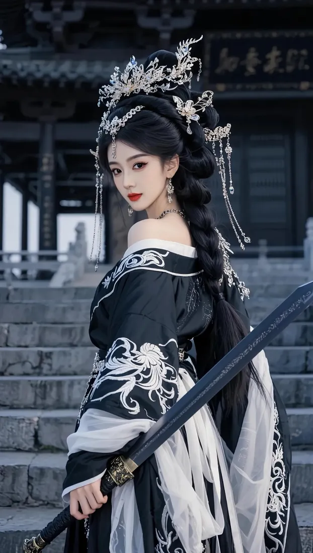 古装美女手机壁纸｜古风背景图片 - 黑白色服饰长剑「哲风壁纸」