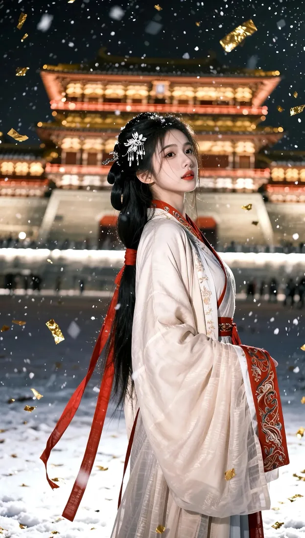 汉服美女手机壁纸｜古风宫殿背景图片 - 雪景飘带「哲风壁纸」