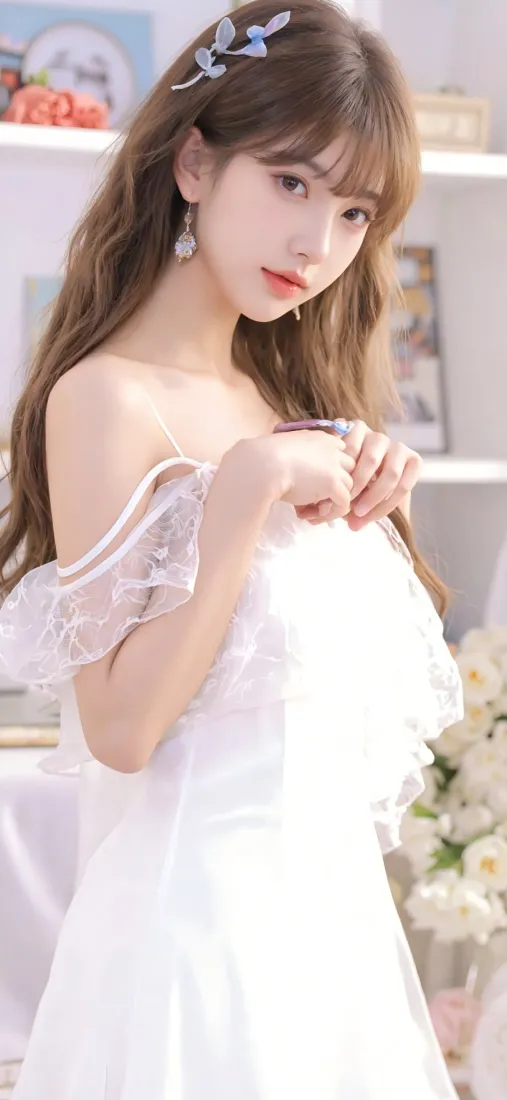 白衣美女手机壁纸｜室内背景图 - 白色连衣裙「哲风壁纸」