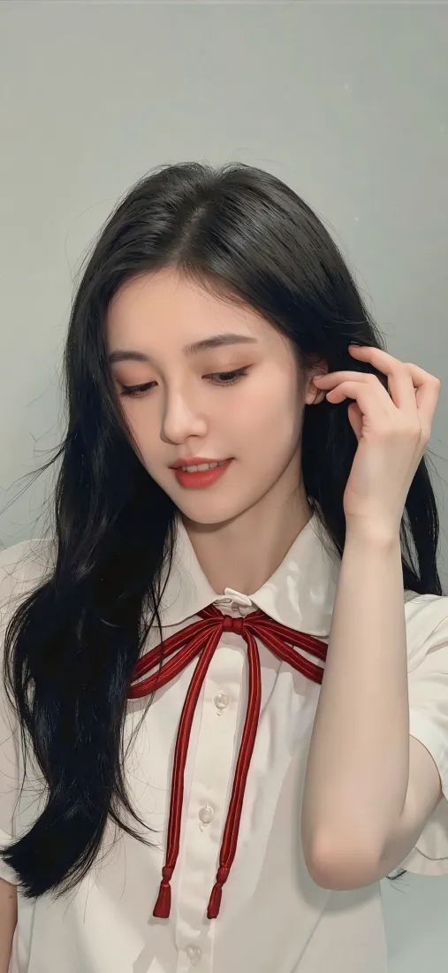 鞠婧祎手机壁纸｜白衣红领结背景图片 - 清纯美女「哲风壁纸」