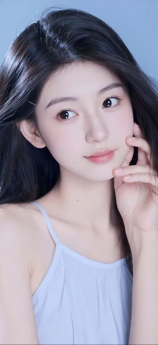 蓝衣美女手机壁纸｜浅蓝背景图片 - Ios「哲风壁纸」