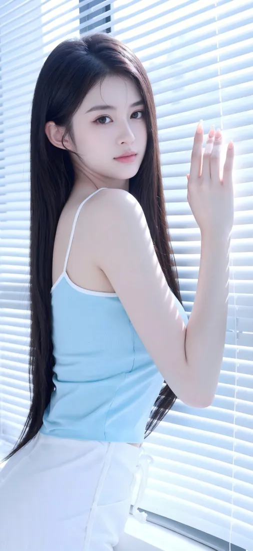 蓝衣美女手机壁纸｜百叶窗背景图片 - 迷人「哲风壁纸」