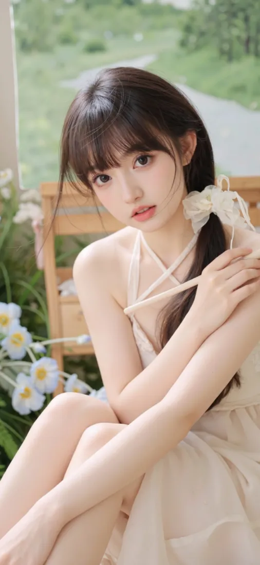 美女手机壁纸｜户外背景图片 - 浅色连衣裙花朵「哲风壁纸」