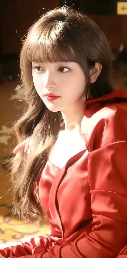 红衣美女手机壁纸｜室内背景 - 红唇气质穿搭「哲风壁纸」