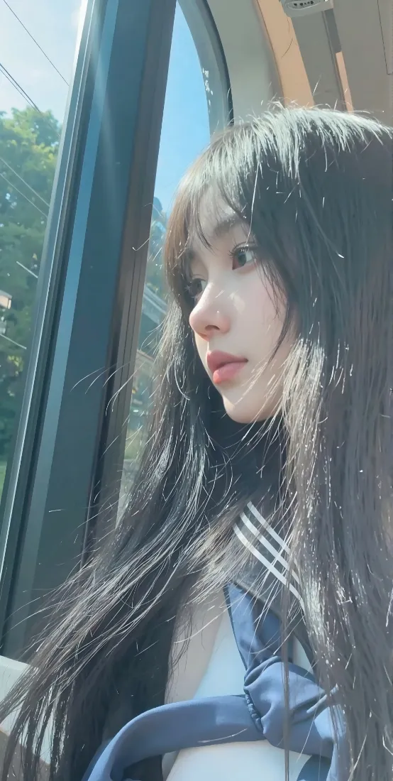 JK制服美女手机壁纸｜车窗绿植背景 - 阳光户外「哲风壁纸」