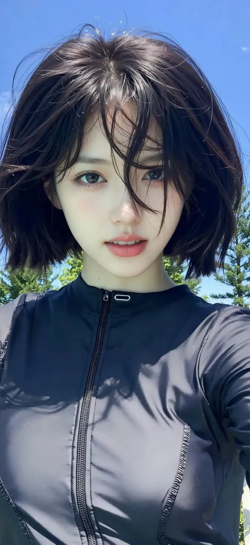 短发美女手机壁纸｜户外背景图片 - 黑色紧身衣「哲风壁纸」