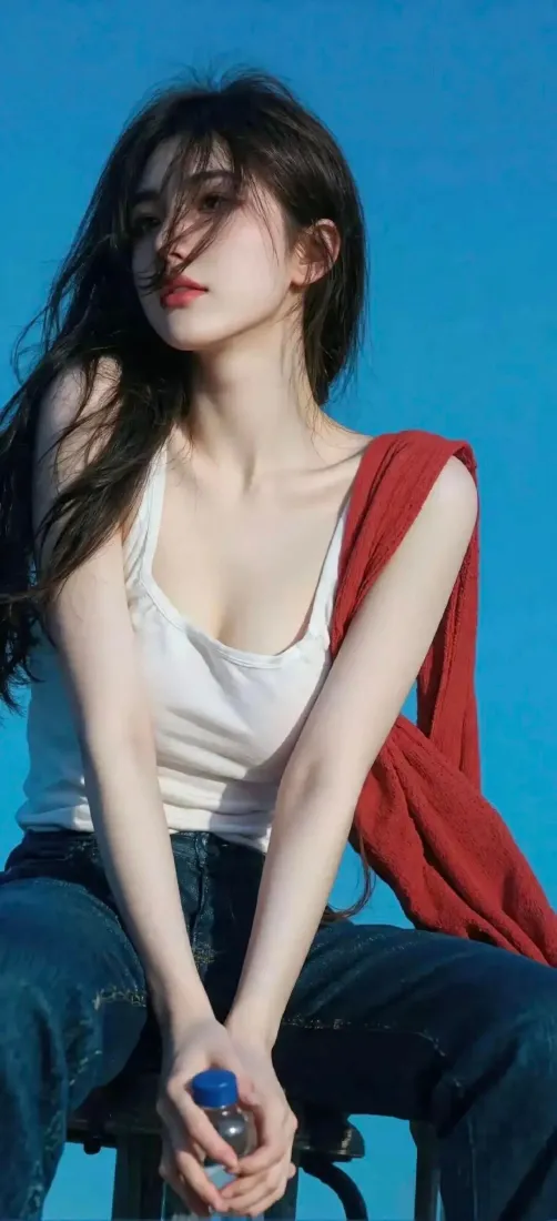 美女手机壁纸｜蓝天背景图片 - 红衣白衣牛仔裤「哲风壁纸」