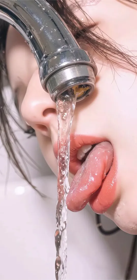 美女接水手机壁纸｜浴室背景 - 水流红唇特写「哲风壁纸」