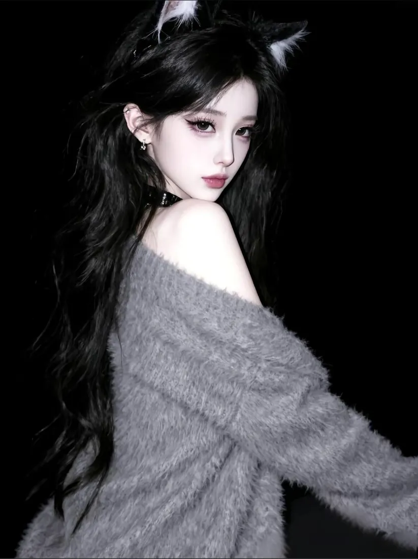 猫耳美女手机壁纸｜黑色背景图片 - 灰色毛绒上衣「哲风壁纸」