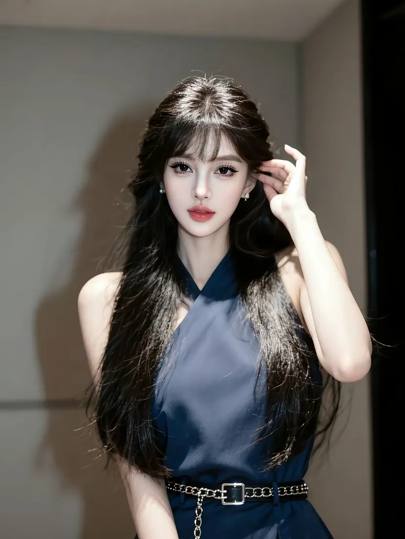 深蓝裙美女手机壁纸｜Ios背景图 - 室内长发红唇「哲风壁纸」