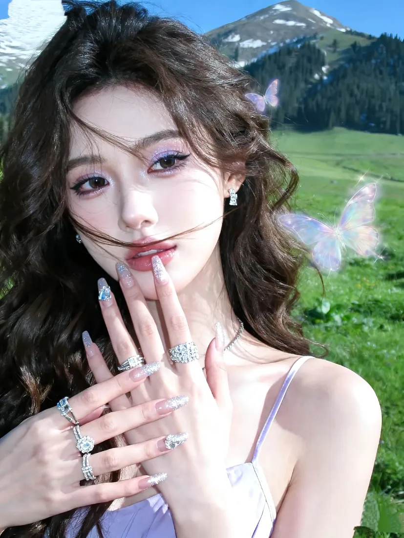 紫衣美女手机壁纸｜草地背景 - 蓝天山脉蝴蝶「哲风壁纸」