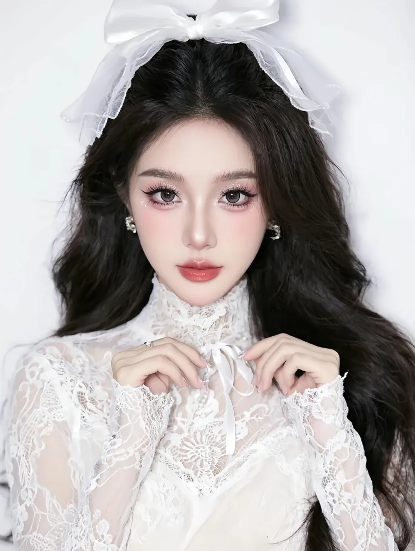 美女手机壁纸｜白色背景图片 - 白色蕾丝蝴蝶结「哲风壁纸」