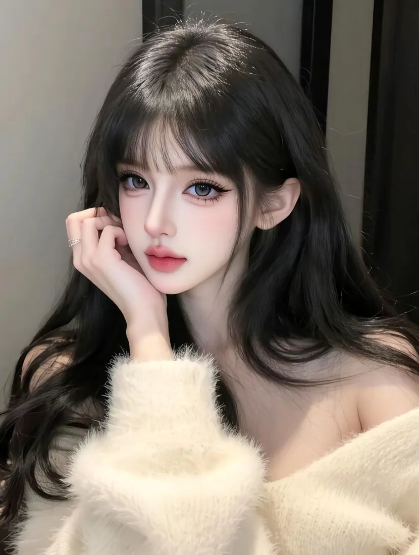 黑发美女手机壁纸｜米白毛绒衣背景图片 - 精致妆容「哲风壁纸」