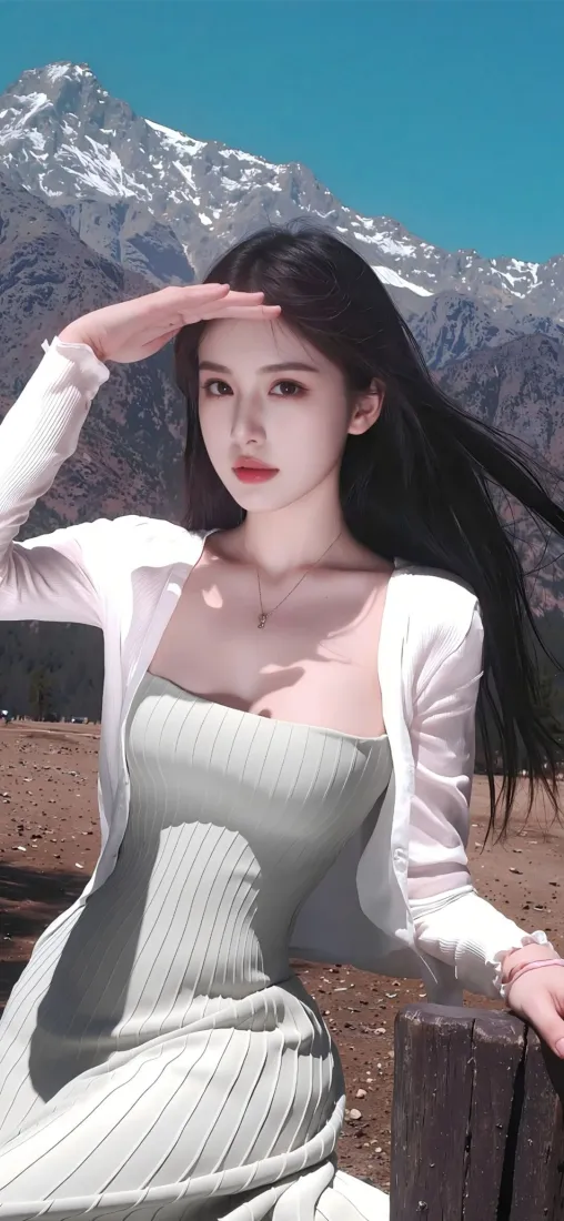 雪山美女长发手机壁纸｜自然风景草地背景图片 - 浅色穿搭「哲风壁纸」