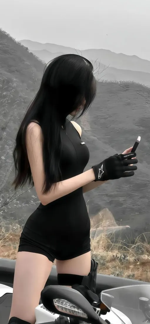 黑衣美女手机壁纸｜户外山景背景图片 - 摩托车「哲风壁纸」