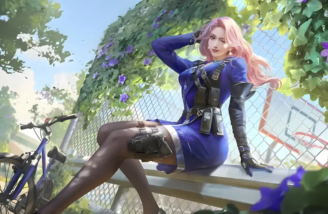 2k粉发美女壁纸｜篮球场背景 - 自行车黑丝蓝裙「哲风壁纸」