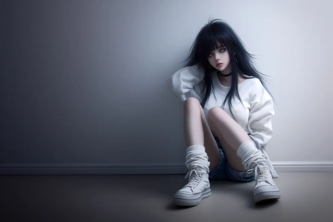 5k少女壁纸｜灰色背景图 - 黑发白衣短裤坐姿「哲风壁纸」