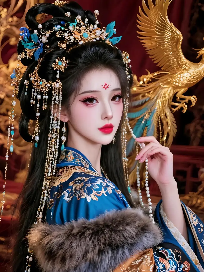 古风美女手机壁纸｜红色背景图片 - 蓝色古装「哲风壁纸」