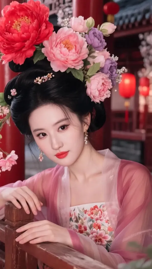 古风美女手机壁纸｜古宅背景图 - 粉色汉服牡丹花「哲风壁纸」