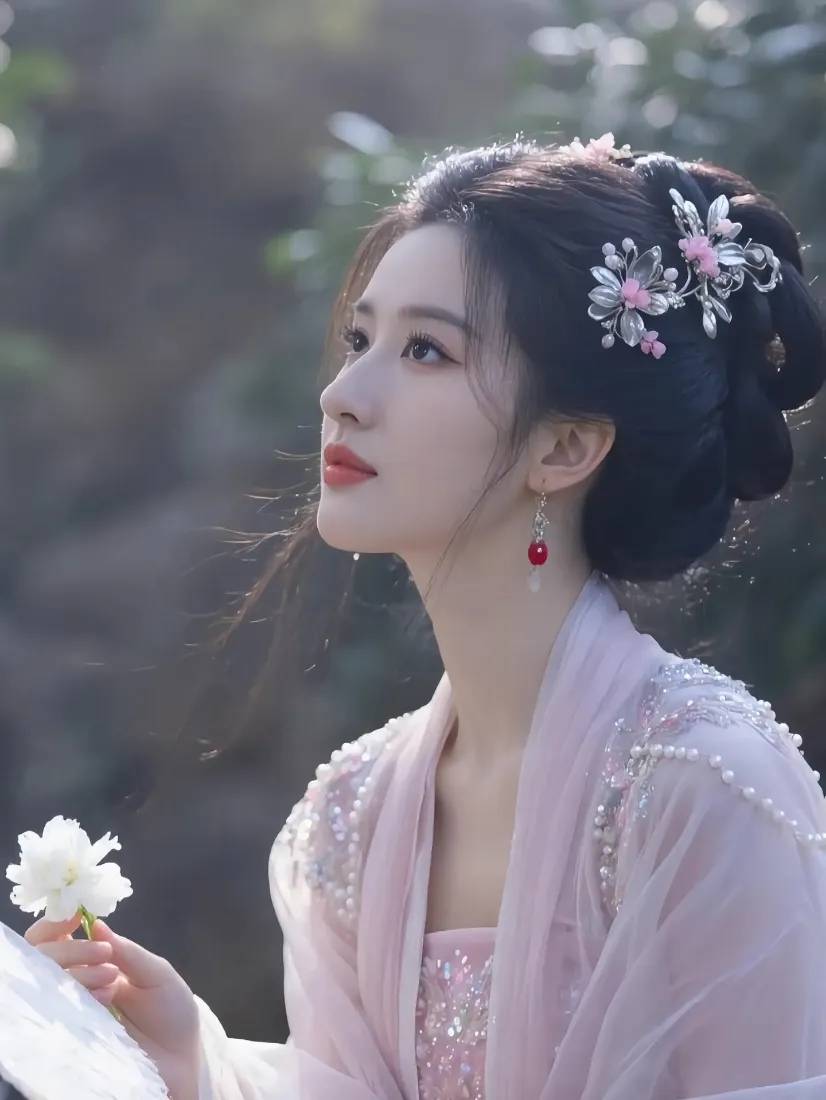 古风美女手机壁纸｜自然背景图 - 古装汉服白花红唇「哲风壁纸」