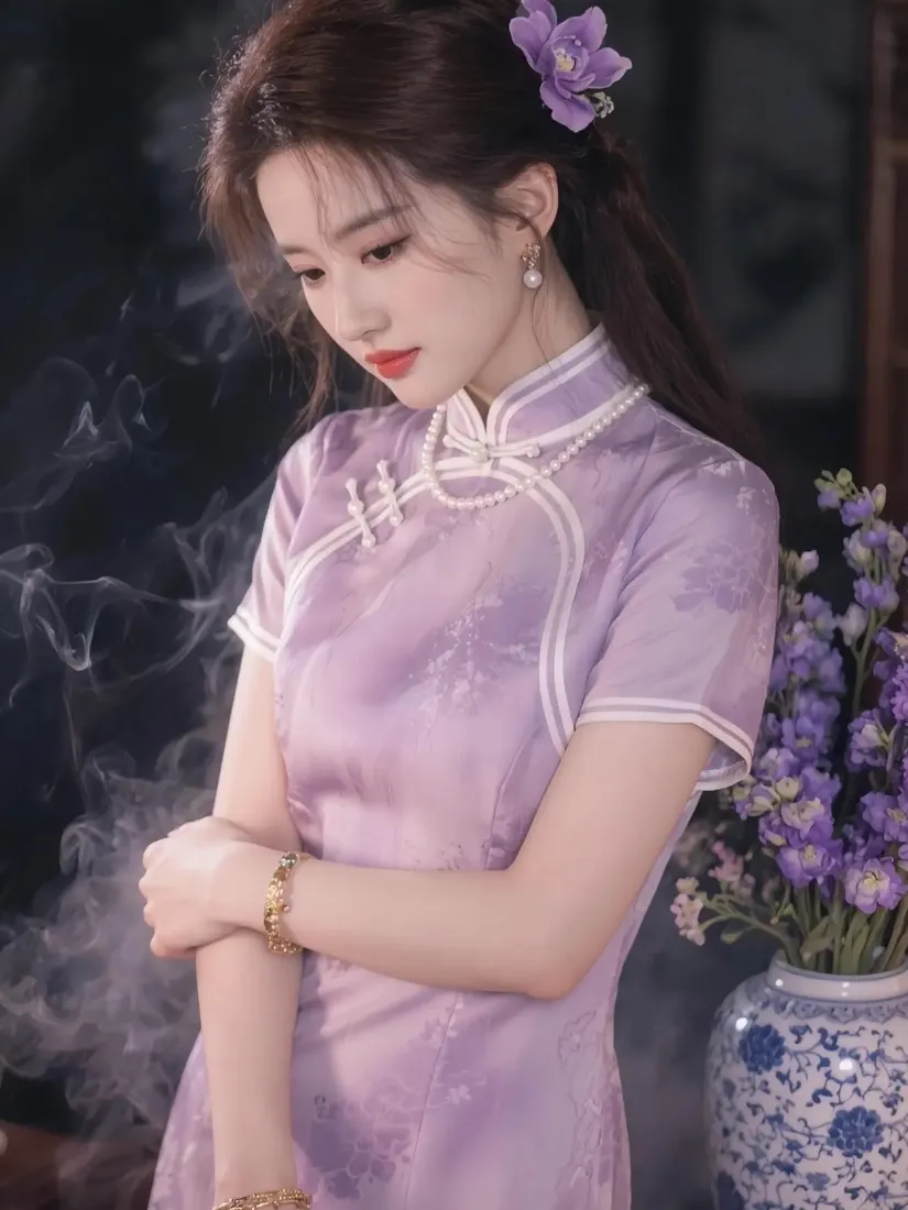 紫色旗袍美女手机壁纸｜古风背景 - 温婉古典「哲风壁纸」