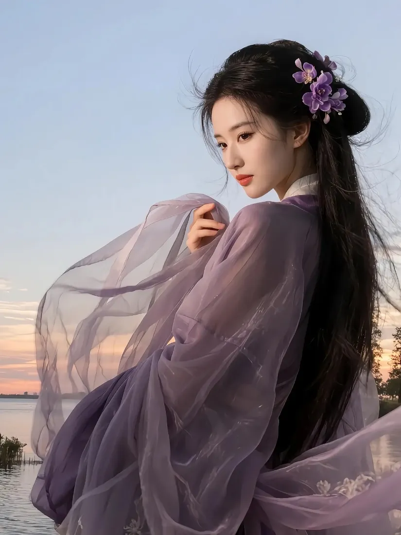 古风美女手机壁纸｜水边晚霞背景图片 - 紫色汉服「哲风壁纸」