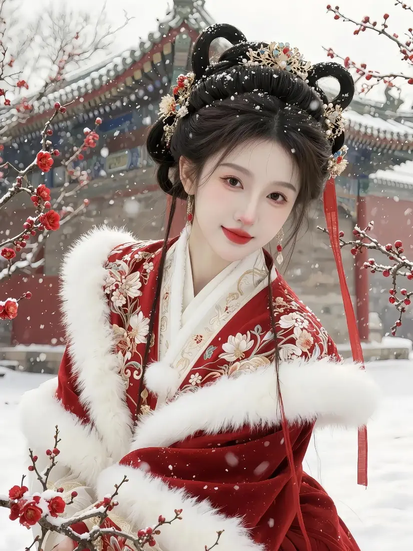 古风美女手机壁纸｜雪景梅花背景 - 红衣汉服古装「哲风壁纸」