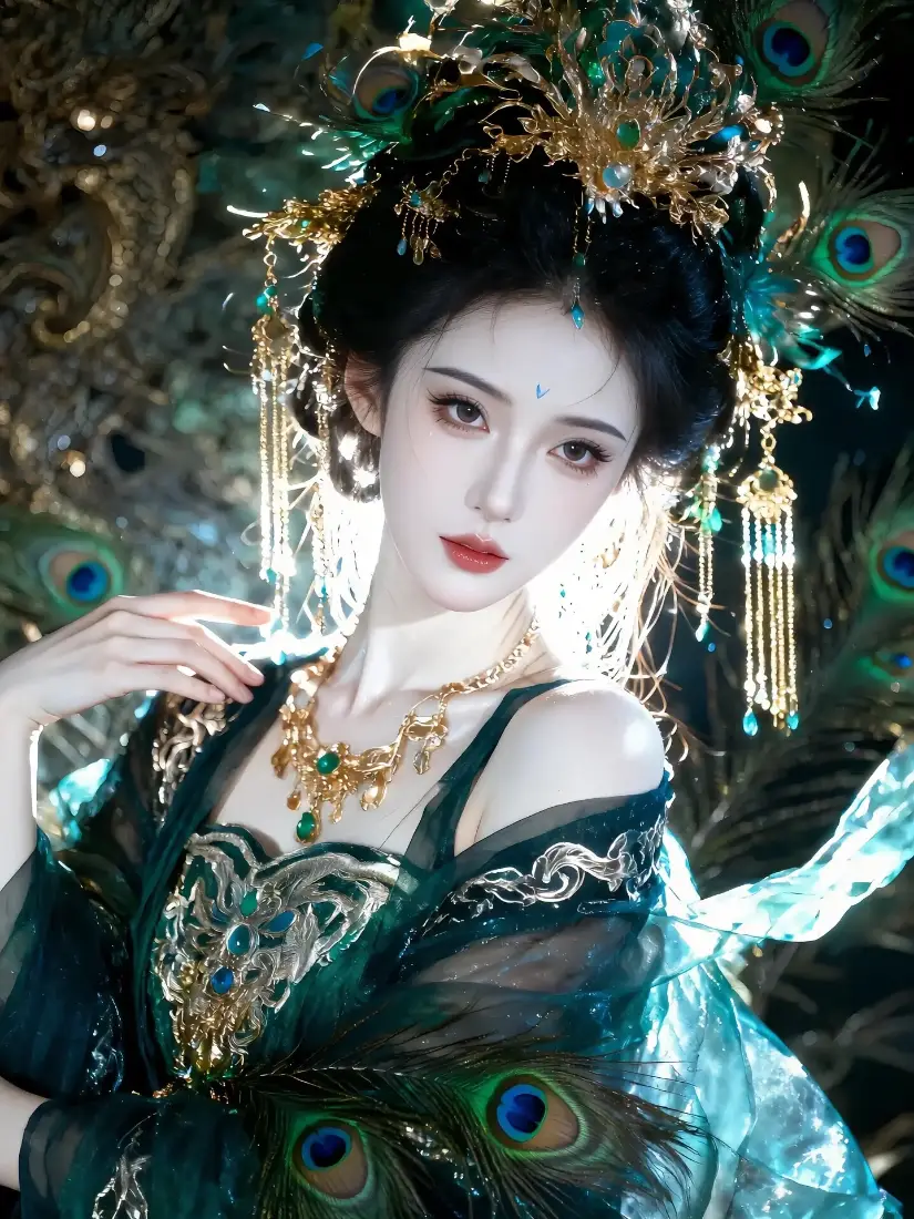 绿衣古装美女手机壁纸｜孔雀元素背景图片 - 古风「哲风壁纸」