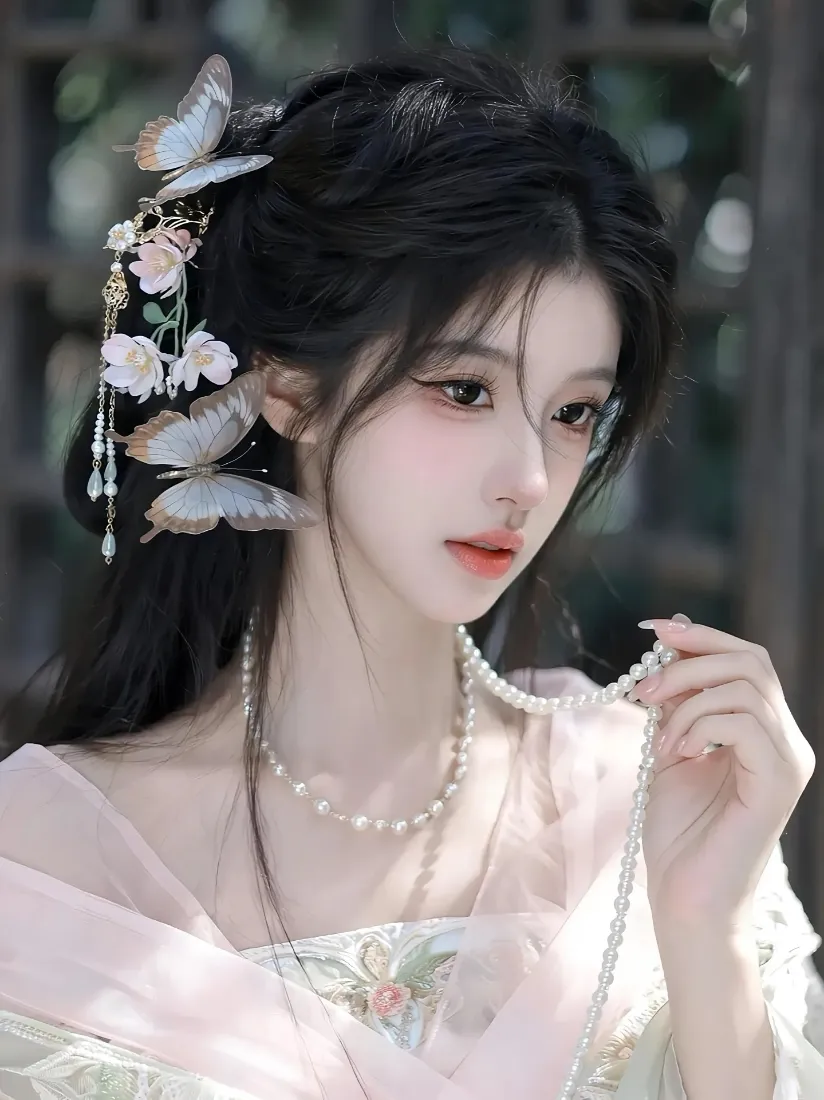 古装美女手机壁纸｜古风背景图片 - 粉色古装蝴蝶发饰「哲风壁纸」