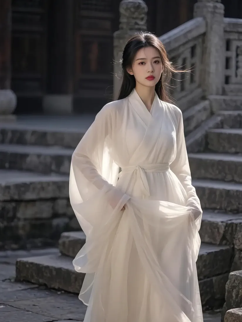 白衣古装美女手机壁纸｜古风庭院背景图 - 素雅「哲风壁纸」