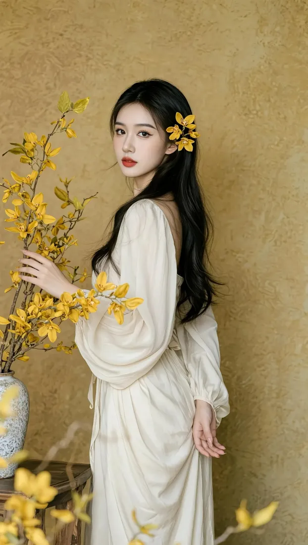 古装美女手机壁纸｜古风背景图片 - 白衣黄花「哲风壁纸」