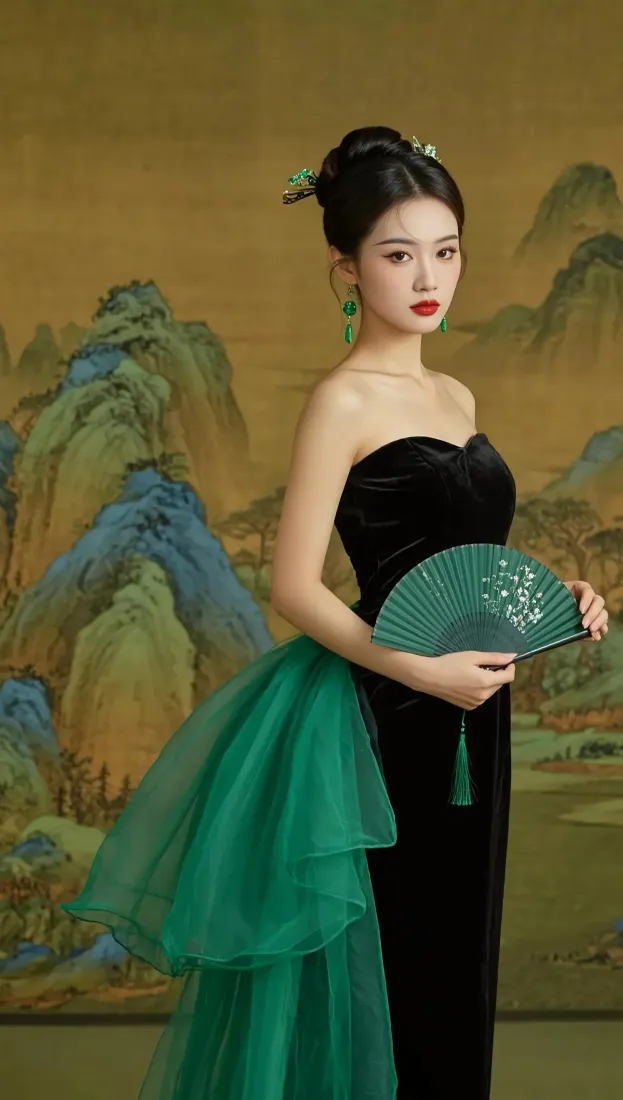 古风美女手机壁纸｜国风山水背景 - 绿扇古装「哲风壁纸」