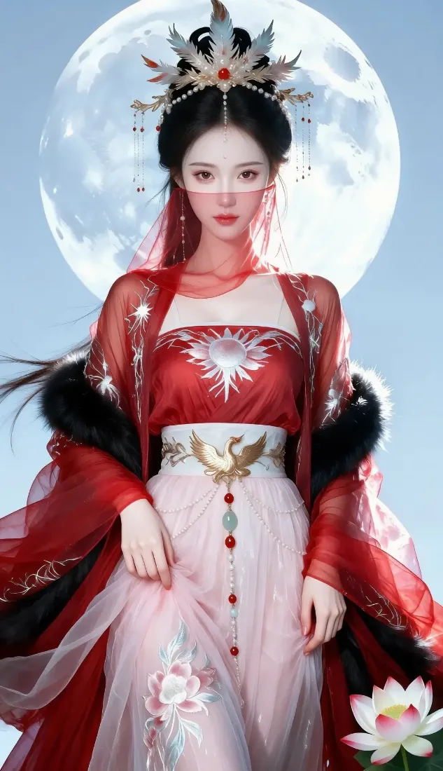 红衣古装美女手机壁纸｜月夜莲花背景图片 - 古风「哲风壁纸」