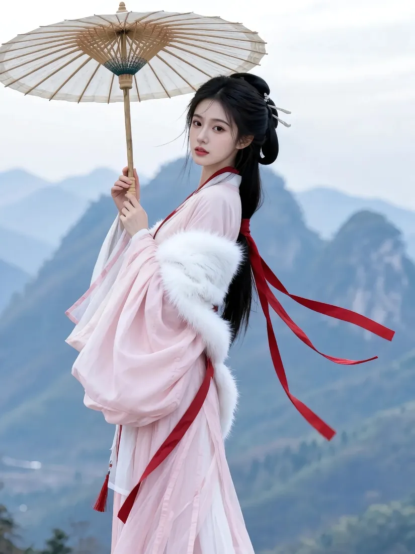 古风美女手机壁纸｜山水背景图片 - 粉色古装油纸伞「哲风壁纸」