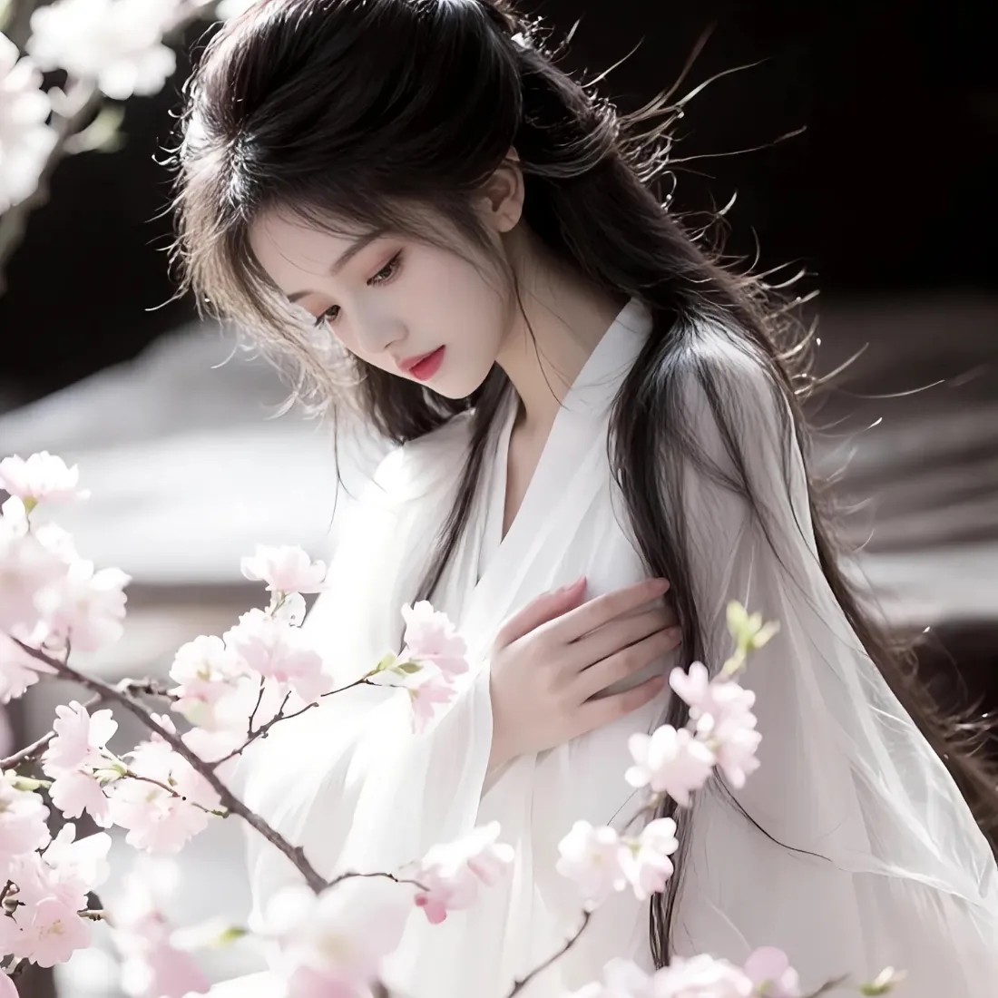 白衣古装女子手机壁纸｜粉色花背景 - 古风美人「哲风壁纸」