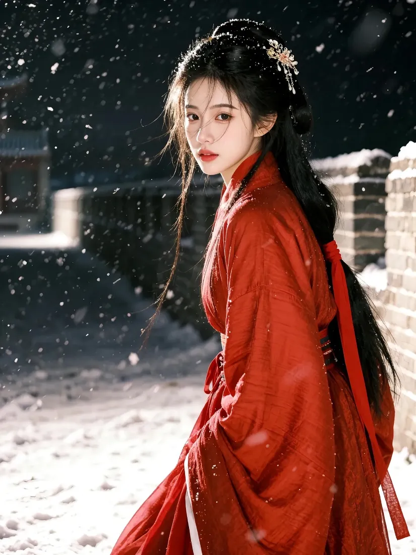红衣古装美人手机壁纸｜雪中城墙背景图片 - 古风「哲风壁纸」